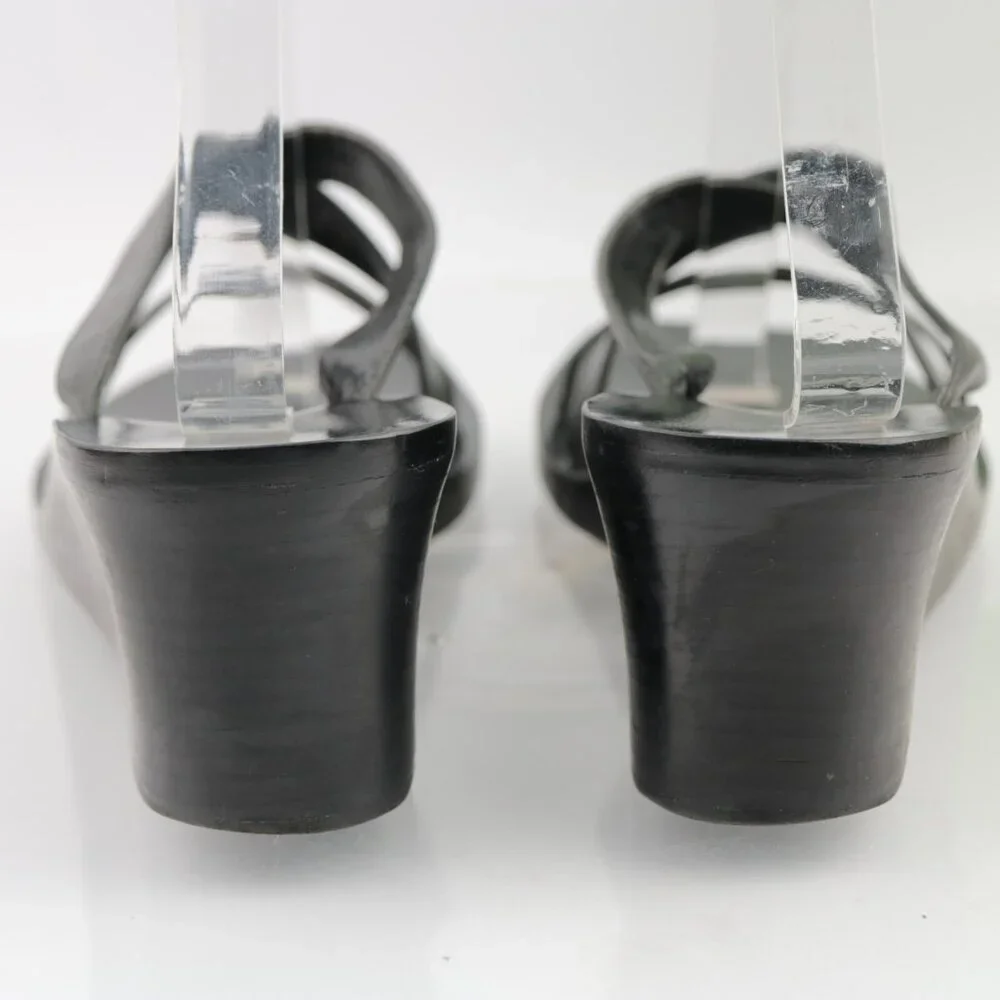 Ann Taylor Womens Sandals Size 10.5 Black Leather Strappy Slide Mule Wedge Heels